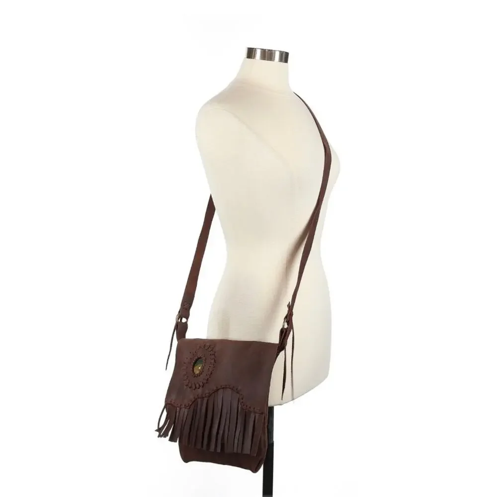 Handmade Brown leather fringe Crossbody bag